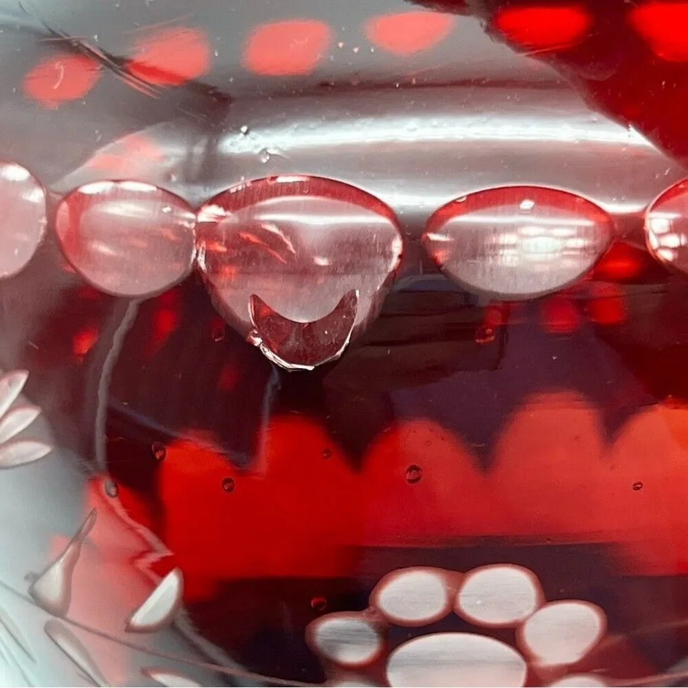 Vintage Czech Bohemian Ruby Red Cut To Clear Floral Etched Glass Decanter Vase
